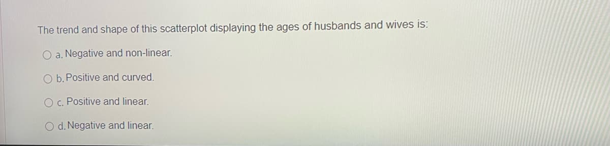 The trend and shape of this scatterplot displaying the ages of husbands and wives is:
O a. Negative and non-linear.
O b. Positive and curved,
O c. Positive and linear.
O d. Negative and linear.
