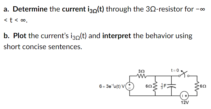 a. Determine the current i3o(t) through the 32-resistor for
< t < .
b. Plot the current's i3n(t) and interpret the behavior using
short concise sentences.
3Ω
t=0
6+ 3e"u(t) V(
60
6Ω
12V
