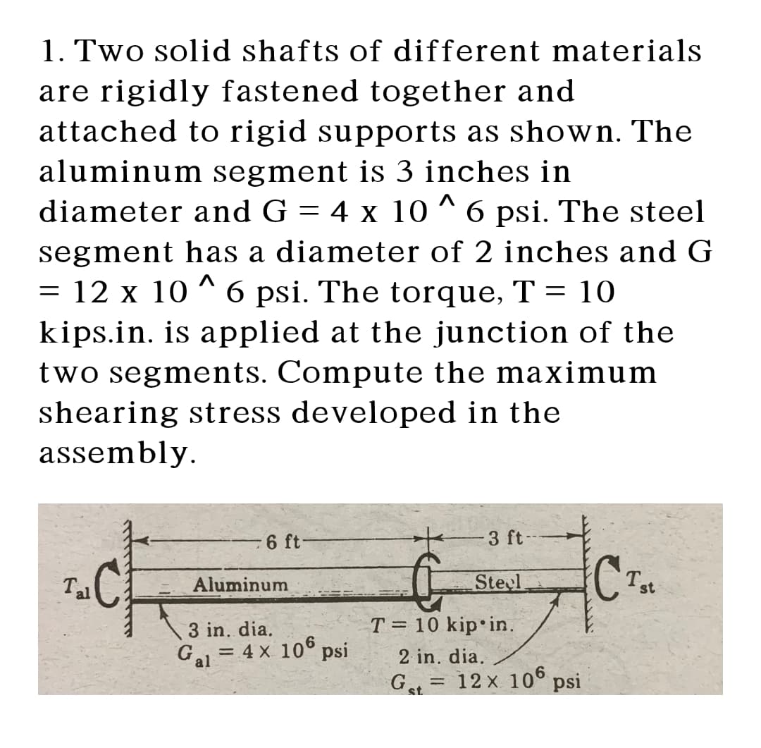 1. Two solid shafts of different materials.
are rigidly fastened together and
attached to rigid supports as shown. The
aluminum segment is 3 inches in
diameter and G = 4 x 10^6 psi. The steel
segment has a diameter of 2 inches and G
12 x 10^6 psi. The torque, T = 10
kips.in. is applied at the junction of the
two segments. Compute the maximum
shearing stress developed in the
=
assembly.
3 ft
6 ft
CT st
Steel.
Tal
T = 10 kip in.
2 in. dia.
G₁ = 12 x 106 psi
st
Aluminum
3 in. dia.
Gal
= 4 x 106 psi