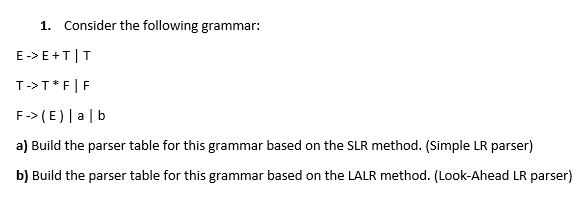 1. Consider the following grammar:
E->E+T|T
T->T* F|F
F-> (E)| a|b
a) Build the parser table for this grammar based on the SLR method. (Simple LR parser)
b) Build the parser table for this grammar based on the LALR method. (Look-Ahead LR parser)

