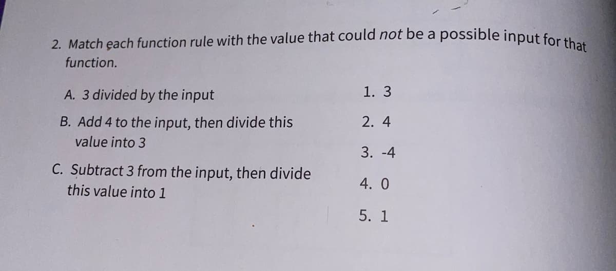 2. Match each function rule with the value that could not be a possible input for that
function.
A. 3 divided by the input
1. 3
B. Add 4 to the input, then divide this
2. 4
value into 3
3. -4
C. Subtract 3 from the input, then divide
4. 0
this value into 1
5. 1
