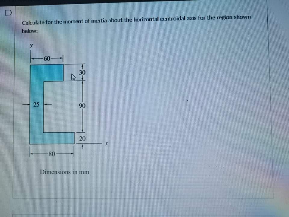 Calculate for the moment of inertia about the horizontal centroidal axis for the region shown
below:
60-
30
25
90
20
80
Dimensions in mm
