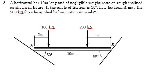 3. A horizontal bar 10m long and of negligible weight rests on rough inclined
as shown in figure. If the angle of friction is 15°, how far from A may the
200 kN force be applied before motion impends?
100 kN
200 kN.
2m
B
30°
10m
60°
