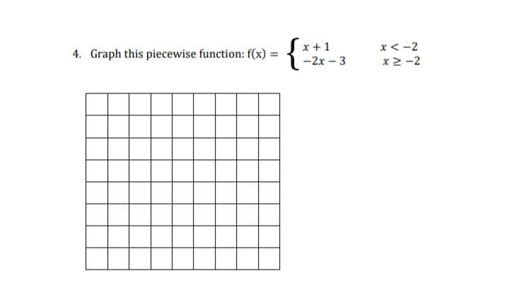 4. Graph this piecewise function: f(x) =
=
x + 1
-2x - 3
x<-2
xM-2