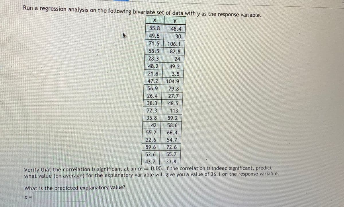 Run a regression analysis on the following bivariate set of data with y as the response variable.
y
55.8
48.4
49.5
30
71.5
55.5
106.1
82.8
28.3
48 2
24
49.2
21.8
47.2
3.5
104.9
56.9
79.8
26.4
27.7
38.3
48.5
72.3
113
35.8
59.2
42
58.6
55.2
22.6
59.6
66.4
54.7
72.6
55.7
33.8
52.6
43.7
Verify that the correlation is significant at an a = 0.05. If the correlation is indeed significant, predict
what value (on average) for the explanatory variable will give you a value of 36.1 on the response variable.
What is the predicted explanatory value?
