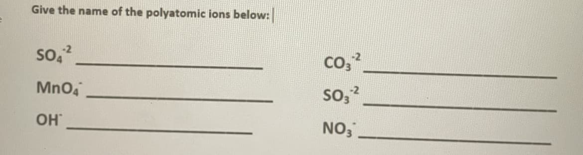 Give the name of the polyatomic ions below:
-2
SO42
MnO4
OH
CO₂-²
-2
SO3²
NO3