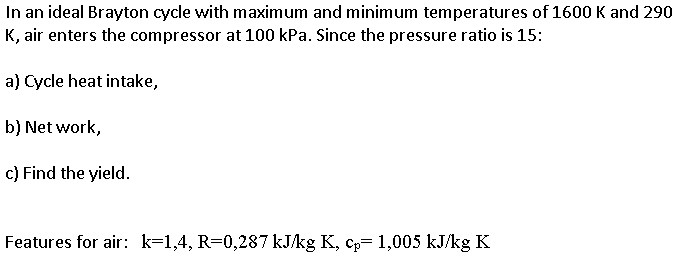 In an ideal Brayton cycle with maximum and minimum temperatures of 1600 K and 290
K, air enters the compressor at 100 kPa. Since the pressure ratio is 15:
a) Cycle heat intake,
b) Net work,
c) Find the yield.
Features for air: k=1,4, R=0,287 kJ/kg K, cp=1,005 kJ/kg K
