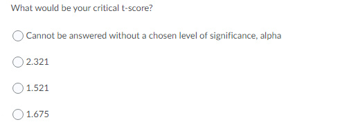 What would be your critical t-score?
O Cannot be answered without a chosen level of significance, alpha
O 2.321
1.521
O 1.675
