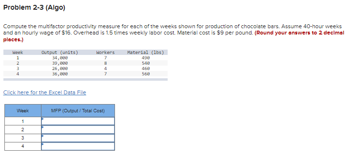 Problem 2-3 (Algo)
Compute the multifactor productivity measure for each of the weeks shown for production of chocolate bars. Assume 40-hour weeks
and an hourly wage of $16. Overhead is 1.5 times weekly labor cost. Material cost is $9 per pound. (Round your answers to 2 decimal
places.)
Week
1
2
3
4
Output (units)
34,000
39,000
26,000
36,000
Click here for the Excel Data File
Week
1
2
3
4
Workers
7
8
4
7
MFP (Output / Total Cost)
Material (lbs)
490
540
460
560