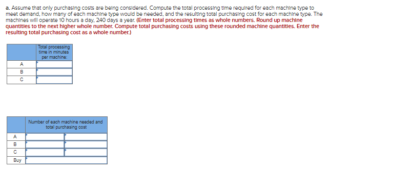 a. Assume that only purchasing costs are being considered. Compute the total processing time required for each machine type to
meet demand, how many of each machine type would be needed, and the resulting total purchasing cost for each machine type. The
machines will operate 10 hours a day, 240 days a year. (Enter total processing times as whole numbers. Round up machine
quantities to the next higher whole number. Compute total purchasing costs using these rounded machine quantities. Enter the
resulting total purchasing cost as a whole number.)
A
B
C
A
B
C
Buy
Total processing
time in minutes
per machine:
Number of each machine needed and
total purchasing cost