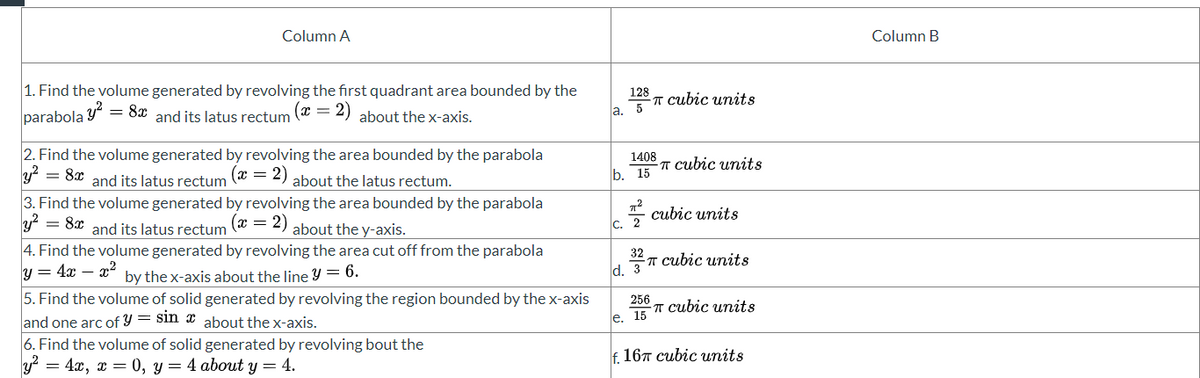 Column A
1. Find the volume generated by revolving the first quadrant area bounded by the
y² = 8x and its latus rectum (* = 2) about the x-axis.
parabola
2. Find the volume generated by revolving the area bounded by the parabola
y² = 8x and its latus rectum (x = 2) about the latus rectum.
3²
3. Find the volume generated by revolving the area bounded by the parabola
about the y-axis.
= 8x and its latus rectum (x = 2)
4. Find the volume generated by revolving the area cut off from the parabola
y = 4x - x² by the x-axis about the line y = 6.
5. Find the volume of solid generated by revolving the region bounded by the x-axis
and one arc of Y = sin about the x-axis.
6. Find the volume of solid generated by revolving bout the
= 4x, x = 0, y = 4 about y = 4.
a.
128
5
1408
b. 15
32
d. 3
T cubic units
256
e. 15
T cubic units
cubic units
π cubic units
T cubic units
f. 167 cubic units
Column B