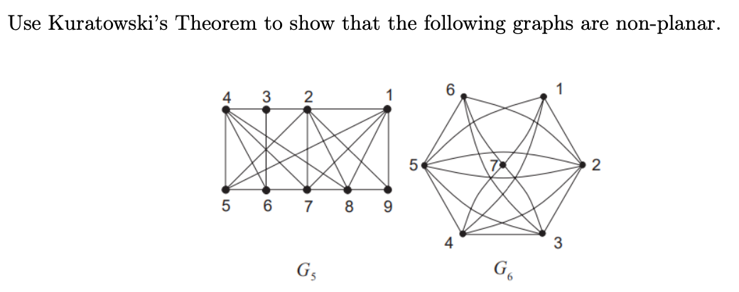 Use Kuratowski's Theorem to show that the following graphs are non-planar.
3 2
5 6 7 8 9
G₁
5
6
4
1
3
2