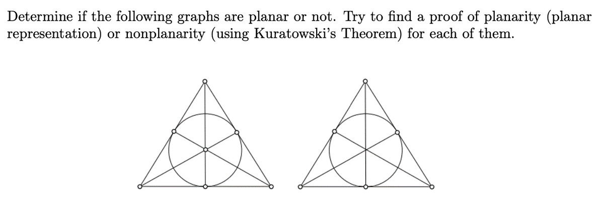 Determine if the following graphs are planar or not. Try to find a proof of planarity (planar
representation) or nonplanarity (using Kuratowski's Theorem) for each of them.