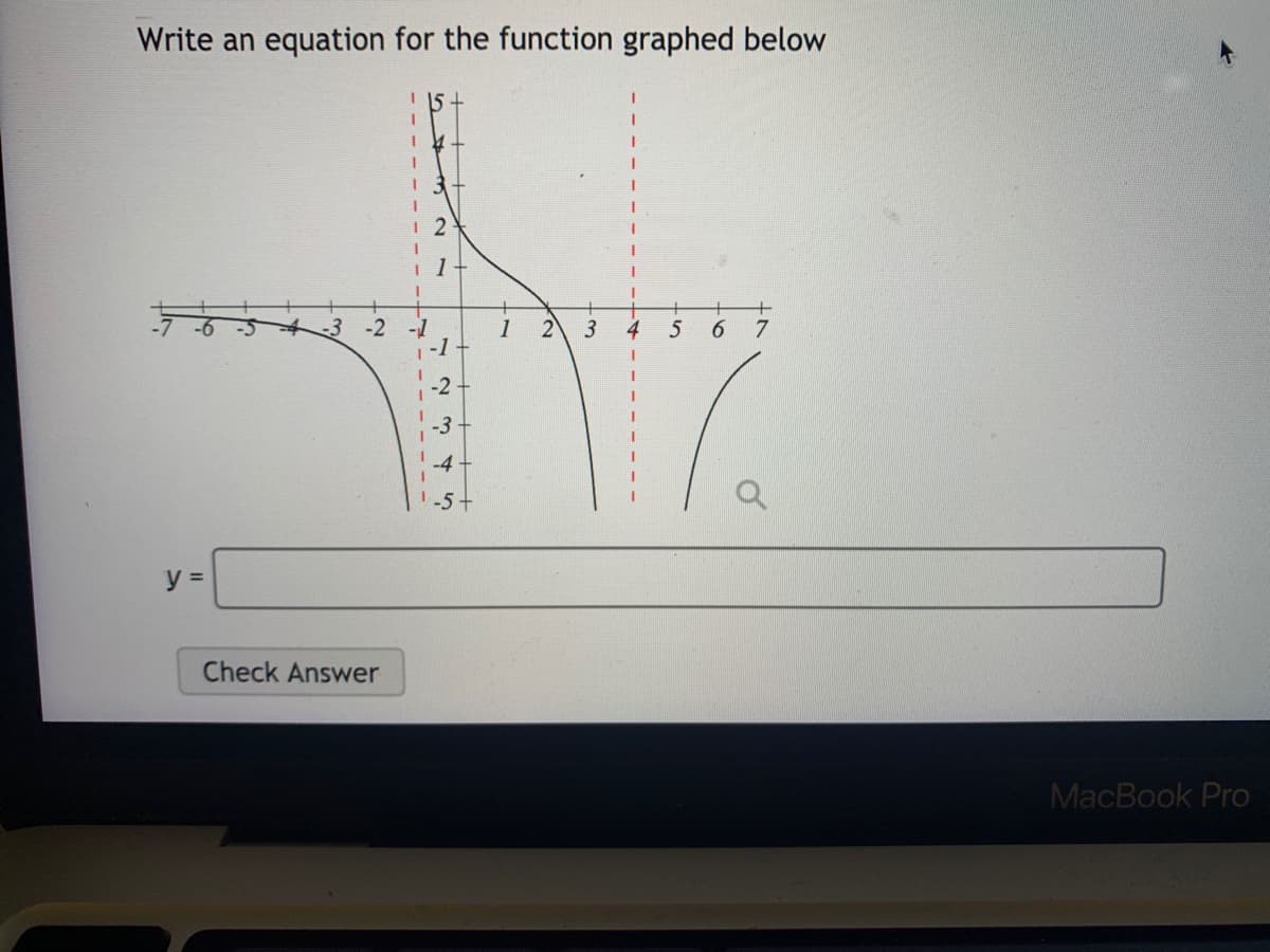 Write an equation for the function graphed below
I 15+
-2 -1
1
2)
4
7
|-1
-2
-3
-4
1-5+
y% =
Check Answer
MacBook Pro
- - - -
