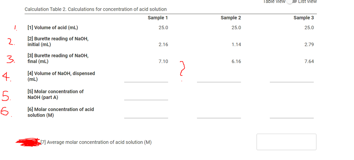 Table vieW
List view
Calculation Table 2. Calculations for concentration of acid solution
Sample 1
Sample 2
Sample 3
[1] Volume of acid (mL)
25.0
25.0
25.0
2.
[2] Burette reading of NaOH,
initial (mL)
2.16
1.14
2.79
3.
[3] Burette reading of NaOH,
final (mL)
7.10
6.16
7.64
4.
[4] Volume of NaOH, dispensed
(mL)
5.
[5] Molar concentration of
NaOH (part A)
[6] Molar concentration of acid
solution (M)
[7] Average molar concentration of acid solution (M)
