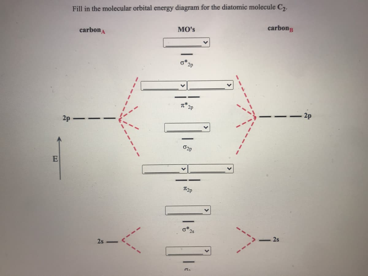 Fill in the molecular orbital energy diagram for the diatomic molecule C2.
MO's
carbong
carbona
2p
2p
- 2p
2p
O2p
2s
