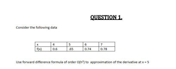 QUESTION 1.
Consider the following data
X
4
5
6
7
0.6
.65
0.74
0.78
Use forward difference formula of order O(h²) to approximation of the derivative at x = 5