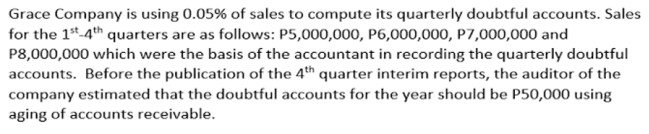 Grace Company is using 0.05% of sales to compute its quarterly doubtful accounts. Sales
for the 1t-4th quarters are as follows: P5,000,000, P6,000,000, P7,000,000 and
P8,000,000 which were the basis of the accountant in recording the quarterly doubtful
accounts. Before the publication of the 4th quarter interim reports, the auditor of the
company estimated that the doubtful accounts for the year should be P50,000 using
aging of accounts receivable.
