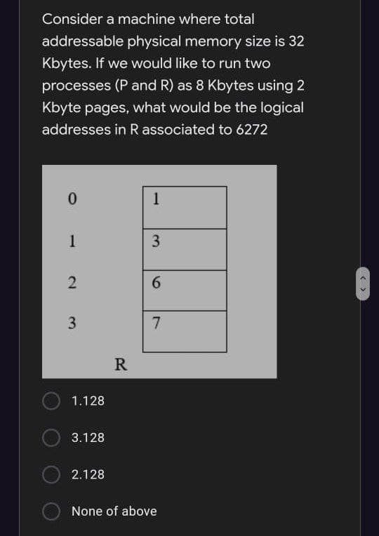 Consider a machine where total
addressable physical memory size is 32
Kbytes. If we would like to run two
processes (P and R) as 8 Kbytes using 2
Kbyte pages, what would be the logical
addresses in R associated to 6272
0.
1
1
6.
3.
1.128
3.128
2.128
None of above
3.
