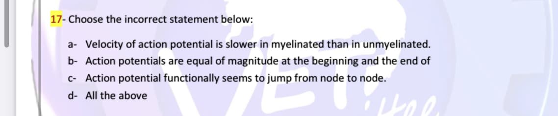17- Choose the incorrect statement below:
a- Velocity of action potential is slower in myelinated than in unmyelinated.
b- Action potentials are equal of magnitude at the beginning and the end of
c- Action potential functionally seems to jump from node to node.
d- All the above
