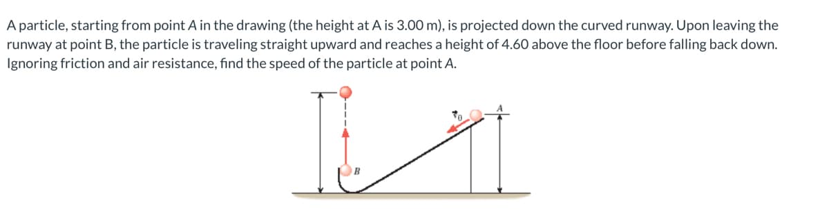 A particle, starting from point A in the drawing (the height at A is 3.00 m), is projected down the curved runway. Upon leaving the
runway at point B, the particle is traveling straight upward and reaches a height of 4.60 above the floor before falling back down.
Ignoring friction and air resistance, find the speed of the particle at point A.
