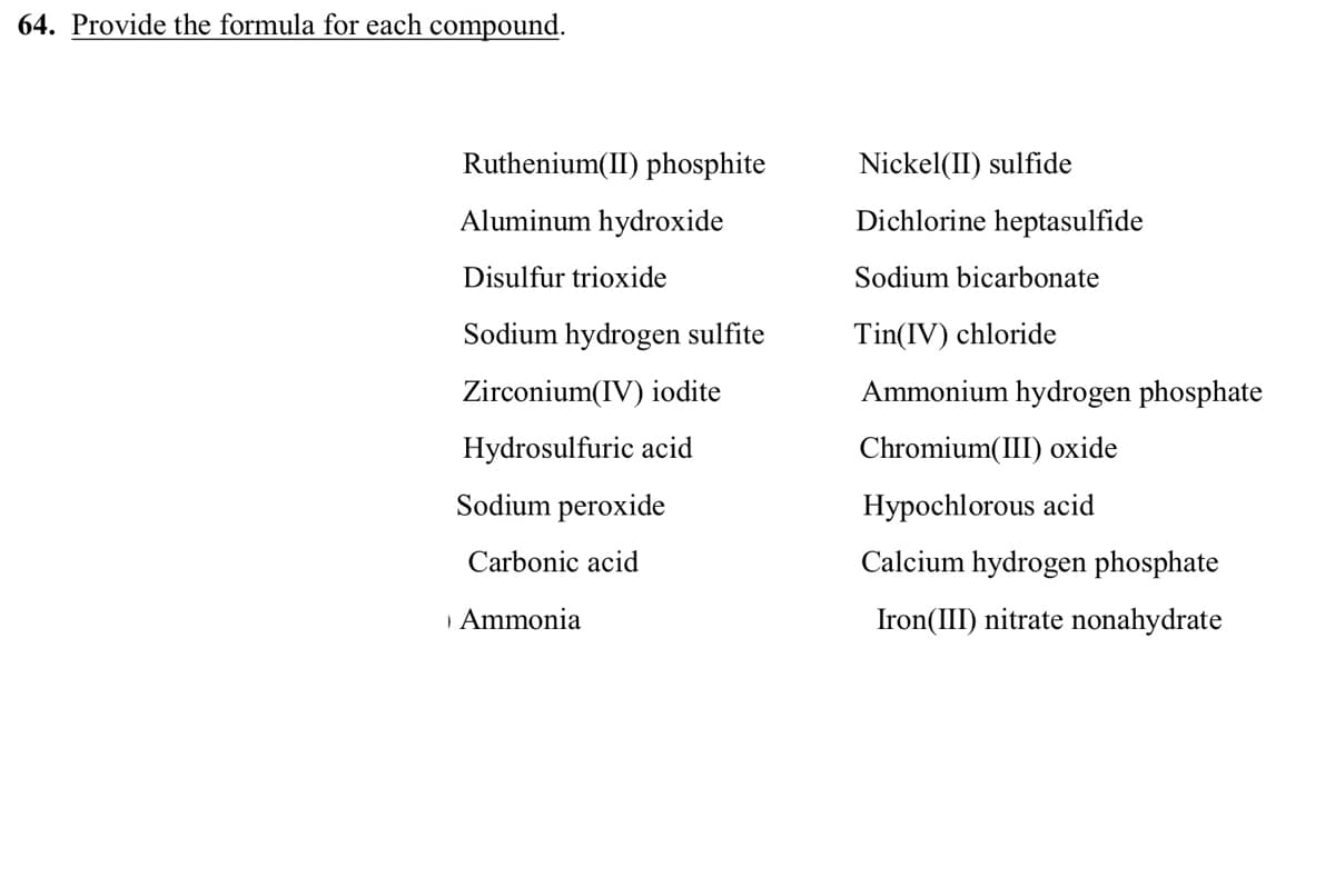 64. Provide the formula for each compound.
Ruthenium(II) phosphite
Aluminum hydroxide
Disulfur trioxide
Sodium hydrogen sulfite
Zirconium(IV) iodite
Hydrosulfuric acid
Sodium peroxide
Carbonic acid
Ammonia
Nickel(II) sulfide
Dichlorine heptasulfide
Sodium bicarbonate
Tin(IV) chloride
Ammonium hydrogen phosphate
Chromium(III) oxide
Hypochlorous acid
Calcium hydrogen phosphate
Iron(III) nitrate nonahydrate