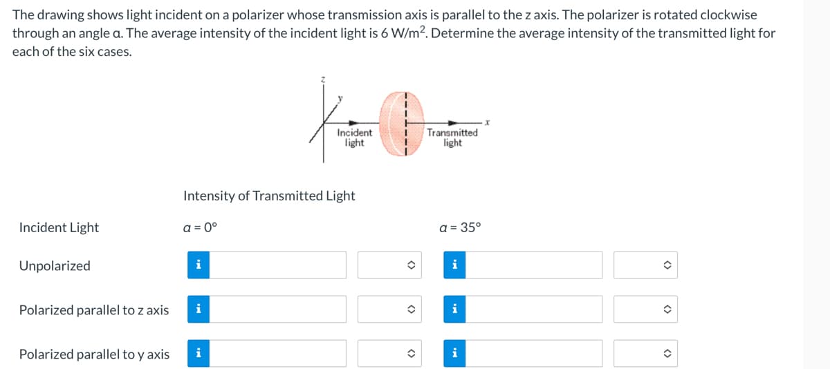 The drawing shows light incident on a polarizer whose transmission axis is parallel to the z axis. The polarizer is rotated clockwise
through an angle a. The average intensity of the incident light is 6 W/m2. Determine the average intensity of the transmitted light for
each of the six cases.
Incident
light
Transmitted
light
Intensity of Transmitted Light
Incident Light
a = 0°
a = 35°
Unpolarized
i
i
Polarized parallel to z axis
i
i
Polarized parallel to y axis
i
i
<>
