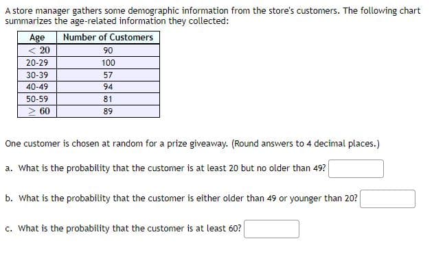 A store manager gathers some demographic information from the store's customers. The following chart
summarizes the age-related information they collected:
Age
Number of Customers
< 20
90
20-29
100
30-39
57
40-49
94
50-59
81
> 60
89
One customer is chosen at random for a prize giveaway. (Round answers to 4 decimal places.)
a. What is the probability that the customer is at least 20 but no older than 49?
b. What is the probability that the customer is either older than 49 or younger than 20?
c. What is the probability that the customer is at least 60?
