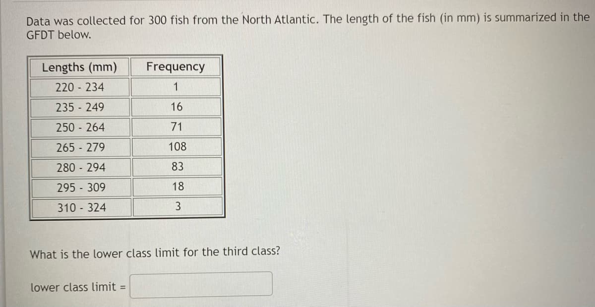 Data was collected for 300 fish from the North Atlantic. The length of the fish (in mm) is summarized in the
GFDT below.
Lengths (mm)
Frequency
220 234
1
235 249
16
250 264
71
265 279
108
280 294
83
295 309
18
310 324
3
What is the lower class limit for the third class?
lower class limit =
