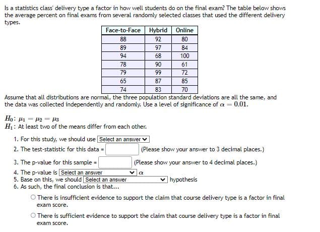 Is a statistics class' delivery type a factor in how well students do on the final exam? The table below shows
the average percent on final exams from several randomly selected classes that used the different delivery
types.
Face-to-Face Hybrid
Online
88
92
80
89
97
84
94
68
100
78
90
61
79
99
72
65
87
85
74
83
70
Assume that all distributions are normal, the three population standard deviations are all the same, and
the data was collected independently and randomly. Use a level of significance of a = 0.01.
Ert = T = I1 :H
H1: At least two of the means differ from each other.
1. For this study, we should use Select an answer v
2. The test-statistic for this data =
(Please show your answer to 3 decimal places.)
3. The p-value for this sample =
(Please show your answer to 4 decimal places.)
4. The p-value is Select an answer
5. Base on this, we should Select an answer
6. As such, the final conclusion is that...
| hypothesis
O There is insufficient evidence to support the claim that course delivery type is a factor in final
exam score.
O There is sufficient evidence to support the claim that course delivery type is a factor in final
exam score.
