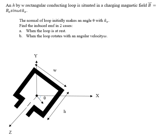 An h by w rectangular conducting loop is situated in a charging magnetic field B =
Bosinwtâz.
The normal of loop initially makes an angle 0 with âg.
Find the induced emf in 2 cases:
a. When the loop is at rest.
b. When the loop rotates with an angular velocityw.
Y
X
h
