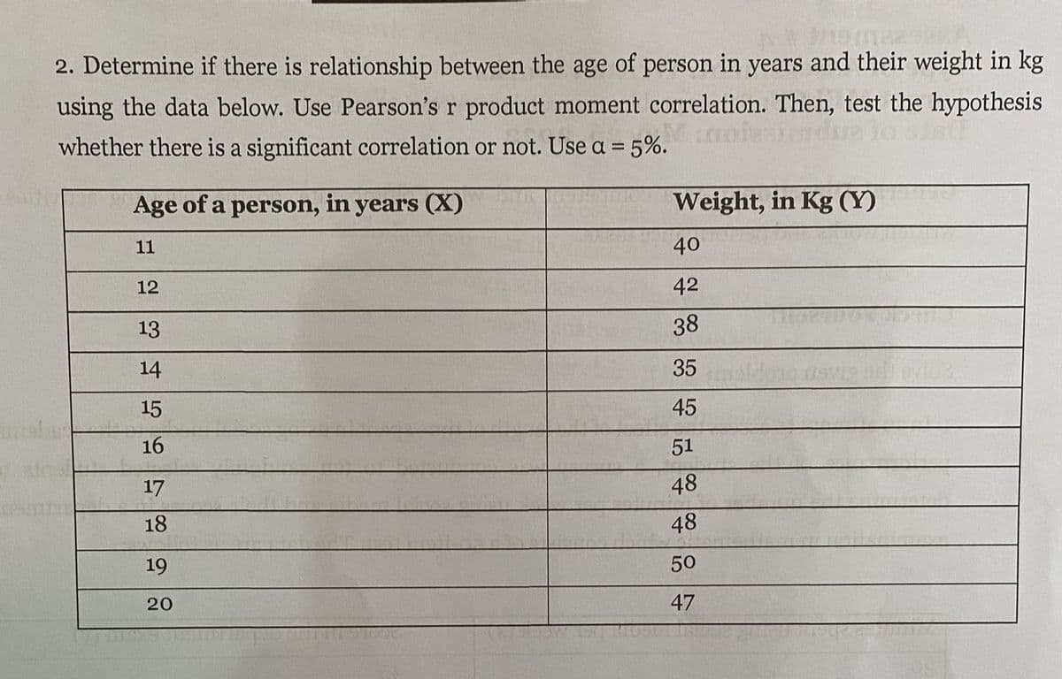 2. Determine if there is relationship between the age of person in years and their weight in kg
using the data below. Use Pearson's r product moment correlation. Then, test the hypothesis
whether there is a significant correlation or not. Use a = 5%.
Age of a person, in years (X)
Weight, in Kg (Y)
11
40
12
42
13
38
14
35
15
45
16
51
17
48
18
48
19
50
20
47
