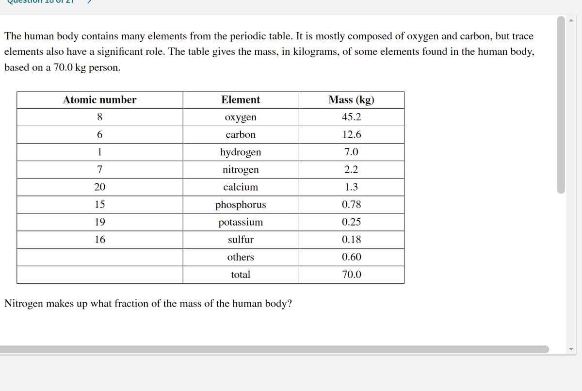 The human body contains many elements from the periodic table. It is mostly composed of oxygen and carbon, but trace
elements also have a significant role. The table gives the mass, in kilograms, of some elements found in the human body,
based on a 70.0 kg person.
Atomic number
Element
Mass (kg)
8
охудen
45.2
6.
carbon
12.6
1
hydrogen
7.0
7
nitrogen
2.2
20
calcium
1.3
15
phosphorus
0.78
19
potassium
0.25
16
sulfur
0.18
others
0.60
total
70.0
Nitrogen makes up what fraction of the mass of the human body?
