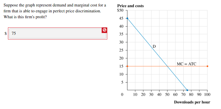 Suppose the graph represent demand and marginal cost for a
Price and costs
$50
firm that is able to engage in perfect price discrimination.
What is this firm's profit?
45
40
$ 75
35
30
25
20
MC = ATC
15
10 -
10 20 30 40 50 60 70 80 90 100
Downloads per hour
