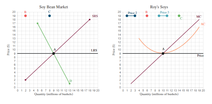 Soy Bean Market
Roy's Soys
Price 3
20
20
Price 2
19
SRS
19
MC
C.
18
18
17
17
AC
16
16
15
15
14
14
13
13
12
12
11
11
10
10
LRS
Price
4
4
0 1 2 3
4 5 67 8 9 10 11 12 13 14 15 16 17 18 19 20
Quantity (millions of bushels)
0 1 2 3 4 5 67 8 9 10 11 12 13 14 15 16 17 18 19 20
Quantity (millions of bushels)
Price (S)
Price (S)
