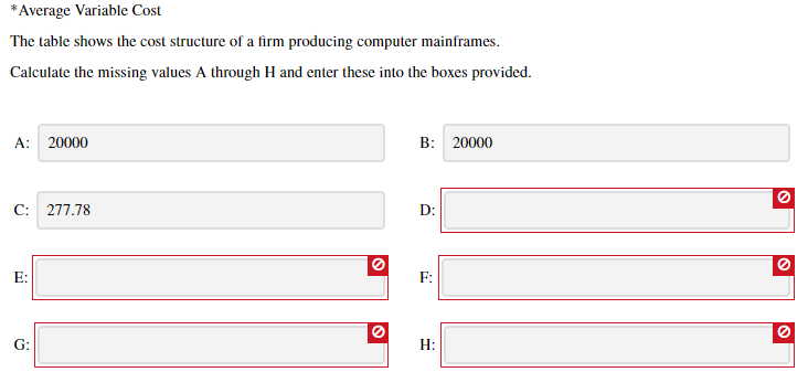 *Average Variable Cost
The table shows the cost structure of a firm producing computer mainframes.
Calculate the missing values A through H and enter these into the boxes provided.
A: 20000
B: 20000
C: 277.78
D:
E:
F:
G:
Н:
