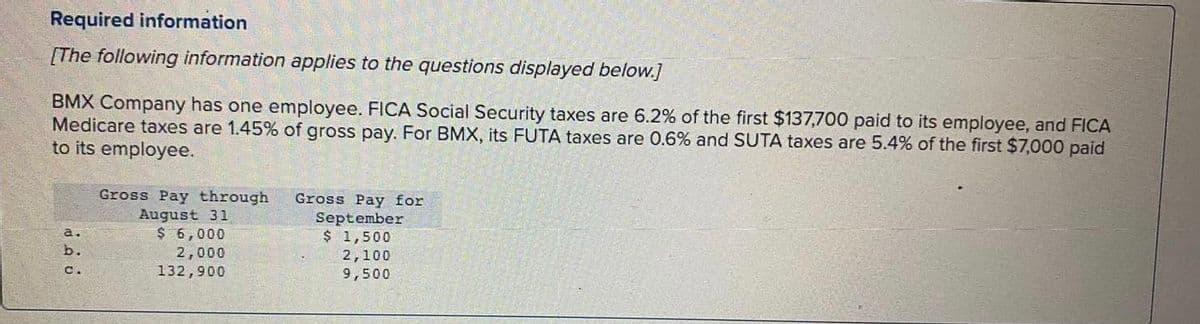 Required information
[The following information applies to the questions displayed below.]
BMX Company has one employee. FICA Social Security taxes are 6.2% of the first $137,700 paid to its employee, and FICA
Medicare taxes are 1.45% of gross pay. For BMX, its FUTA taxes are 0.6% and SUTA taxes are 5.4% of the first $7,000 paid
to its employee.
Gross Pay through Gross Pay for
August 31
September
$ 6,000
$ 1,500
2,000
2,100
132,900
9,500
a.
b.
C.