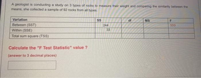 A geologist is conducting a study on 3 types of rocks to measure their weight and comparing the similarity between the
means, she collected a sample of 92 rocks from all types.
Variation
SS
df
MS
F
Between (SST)
772
Within (SSE)
Total sum square (TSS)
Calculate the "F Test Statistic" value?
(answer to 3 decimal places)
244
33