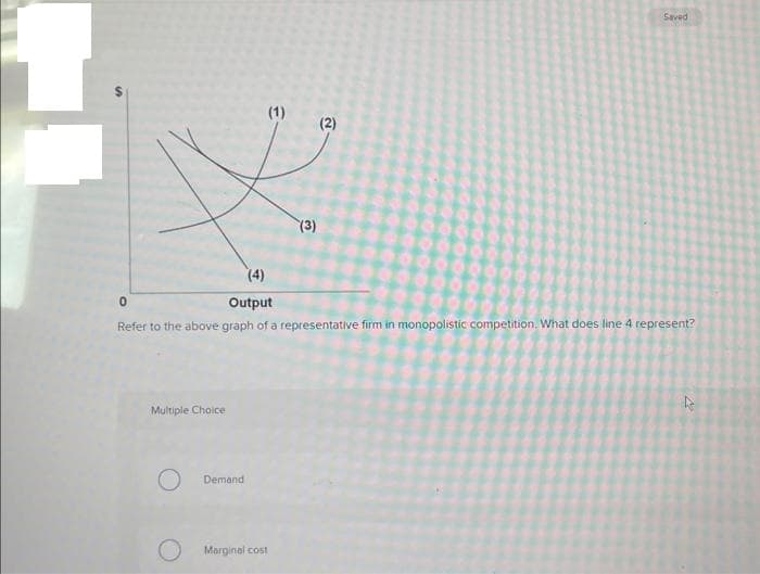 Multiple Choice
O
O
(1)
(4)
0
Output
Refer to the above graph of a representative firm in monopolistic competition. What does line 4 represent?
Demand
(3)
Marginal cost
(2)
Saved
k