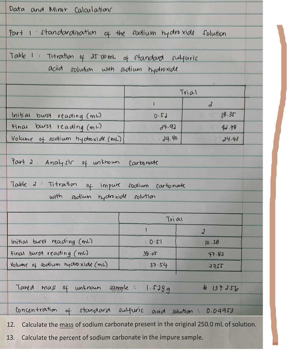 Data and Minor Calculations
Part I standardization of the sodium hydroxide
Table 1 :
Titration
of
25.00 mL
of standard sulfuric
acid solution with sodium hydroxide
Trial
Initial burc reading (ml)
0.52
Final buret reading (m²)
Volume of sodium hydroxide (ML)
Part 2. Analysir of unknown
Table 2 Titration
with
Initial buret reading (ml)
Final buret reading (ml)
47.83
Volume of sodium hydroxide (ml)
37.54
37.55
Tared mass of unknown
sample :
1.5289
#137256
Concentration of standard sulfuric acid solution :
0.04953
12. Calculate the mass of sodium carbonate present in the original 250.0 mL of solution.
13. Calculate the percent of sodium carbonate in the impure sample.
24-92
24.40
Carbonate
of impure sodium carbonate
Tri al
sodium hydroxide solution
10.51
38.05
Solution
2
2
25 18.35
44.78
24.43
10.28