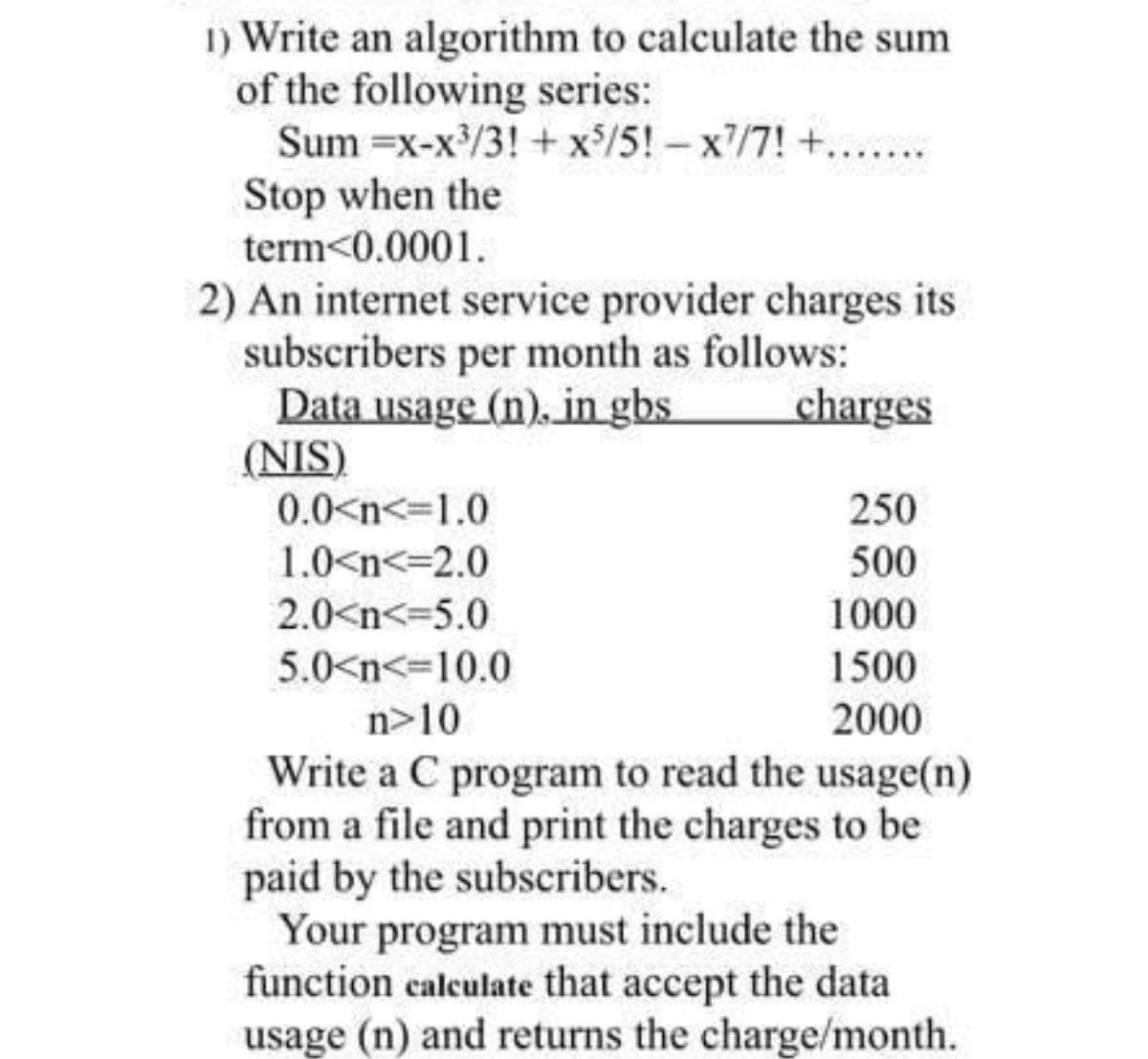 1) Write an algorithm to calculate the sum
of the following series:
Sum =x-x/3! +x/5! – x/7! +.....
Stop when the
term<0.0001.
2) An internet service provider charges its
subscribers per month as follows:
Data usage (n). in gbs
(NIS)
0.0<n<=1.0
charges
250
1.0<n<=2.0
500
2.0<n<=5.0
1000
5.0<n<=10.0
1500
n>10
2000
Write a C program to read the usage(n)
from a file and print the charges to be
paid by the subscribers.
Your program must include the
function calculate that accept the data
usage (n) and returns the charge/month.
