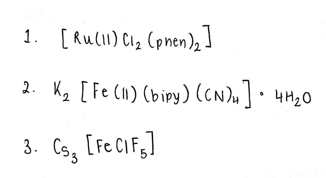 1. [ Rull) Clz (pnen), I
2. Kg [Fe (1) (bipy) (CN)u]• 4420
3. Cs, [Fe CIF,]
