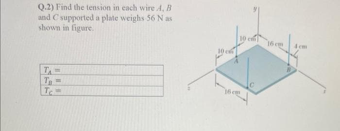 Q.2) Find the tension in each wire A, B
and C supported a plate weighs 56 N as
shown in figure.
10 cm
16 cm
4 cm
10 c
TA =
TB
Tc=
16 cm
%3D
