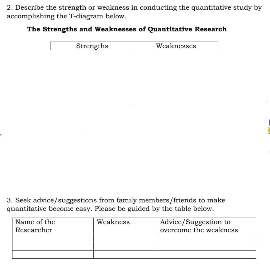 2. Describe the strength or weakness in conducting the quantitative study by
accomplishing the T-diagram below.
The Strengths and Weaknesses of Quantitative Research
Strengths
Weaknesses
3. Seek advice/suggestions from family members/friends to make
quantitative become easy. Please be guided by the table below.
Name of the
Weakness
Advice/Suggestion to
overcome the weakness
Researcher
