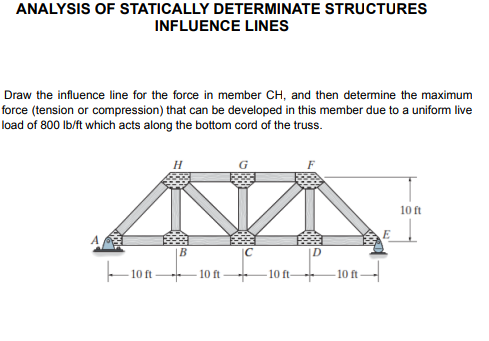 ANALYSIS OF STATICALLY DETERMINATE STRUCTURES
INFLUENCE LINES
Draw the influence line for the force in member CH, and then determine the maximum
force (tension or compression) that can be developed in this member due to a uniform live
load of 800 Ib/ft which acts along the bottom cord of the truss.
10 ft
B
|C
D
10 ft
10 ft
10 ft
10 ft
