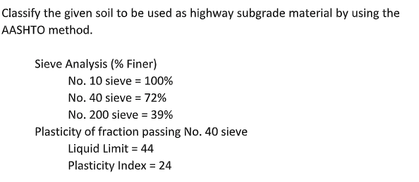 Classify the given soil to be used as highway subgrade material by using the
AASHTO method.
Sieve Analysis (% Finer)
No. 10 sieve = 100%
No. 40 sieve = 72%
No. 200 sieve = 39%
Plasticity of fraction passing No. 40 sieve
Liquid Limit = 44
Plasticity Index = 24

