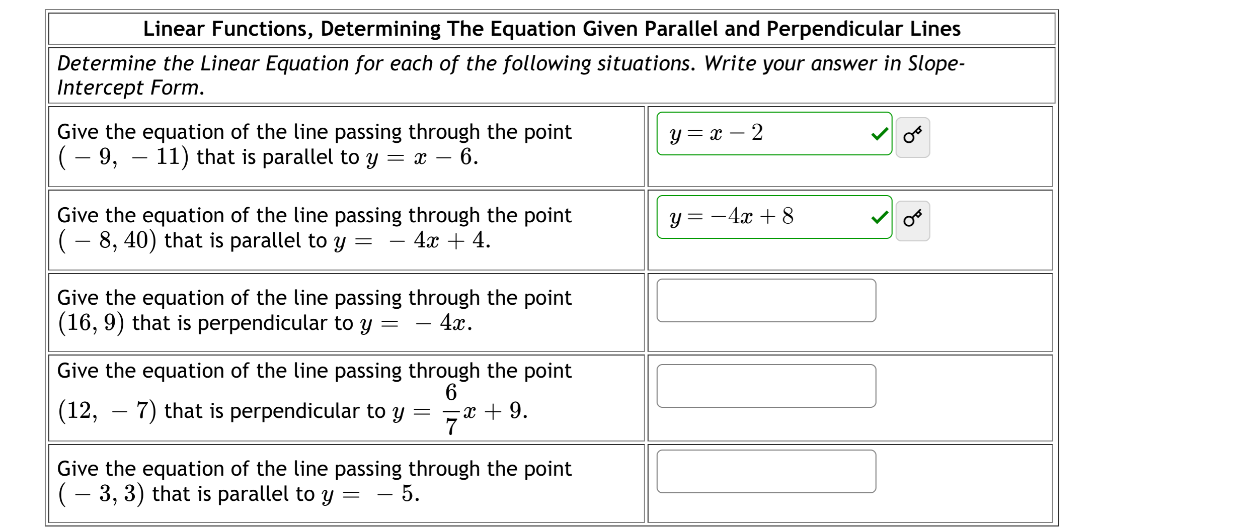 Linear Functions, Determining The Equation Given Parallel and Perpendicular Lines
Determine the Linear Equation for each of the following situations. Write your answer in Slope-
Intercept Form.
Give the equation of the line passing through the point
(- 9, – 11) that is parallel to y = x – 6.
y = x – 2
Give the equation of the line passing through the point
(- 8, 40) that is parallel to y = – 4x + 4.
Y = -4x + 8
Give the equation of the line passing through the point
(16, 9) that is perpendicular to y
4х.
-
Give the equation of the line passing through the point
6.
-x + 9.
7
(12, – 7) that is perpendicular to y
-
Give the equation of the line passing through the point
(– 3, 3) that is parallel to y =
– 5.
-
-
