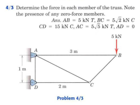 4/3 Determine the force in each member of the truss. Note
the presence of any zero-force members.
Ans. AB = 5 kN T, BC = 5/2 kN C
CD = 15 kN C, AC = 5,5 kN T, AD = 0
%3D
5 kN
3 m
B
1 m
D
2 m
Problem 4/3

