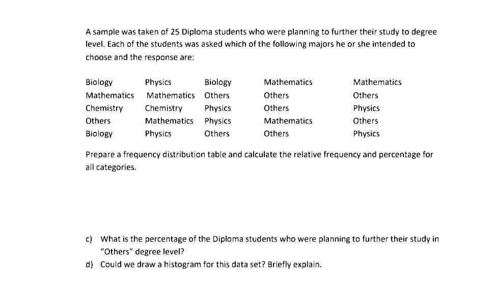 A sample was taken of 25 Diploma students who were planning to further their study to degree
level. Each of the students was asked which of the following majors he or she intended to
choose and the response are:
Biology
Physics
Biology
Mathematics
Mathematics
Mathematics
Mathematics
Others
Others
Others
Chemistry
Chemistry
Physics
Others
Physics
Others
Mathematics
Physics
Mathematics
Others
Biology
Physics
Others
Others
Physics
Prepare a frequency distribution table and calculate the relative frequency and percentage for
all categories.
c) What is the percentage of the Diploma students who were planning to further their study in
"Others" degree level?
d) Could we draw a histogram for this data set? Briefly explain.
