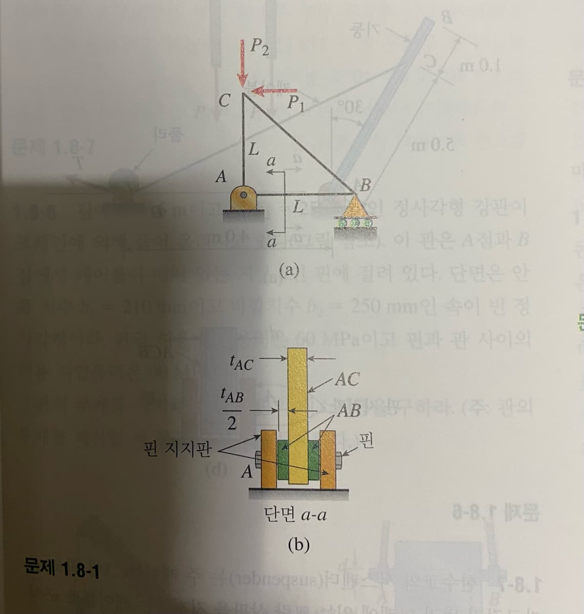 P2
m 0.1
PL
문제 1.07
L.
a
m 0.2
A
소 정사각형 강관이
이 관은 A집과 B
(a) 이결려 있다. 단면은 안
250 mm인 속이 빈정
고 편과 관 사이의
210
tẠC
AC
tAB
,AB
하라. (주 관의
핀
핀 지지판
단면 a-a
8-8.r
(b)
문제 1.8-1
B.
